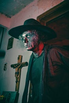 Creepy character in artistic makeup and hat, lit with eerie colored lights.