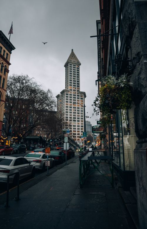 Free Street view of Seattle's iconic Smith Tower on a moody, overcast day. Stock Photo