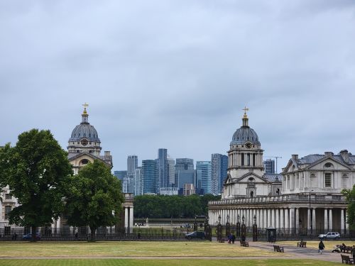 Free View of Old Royal Naval College with Canary Wharf in the background, London. Stock Photo