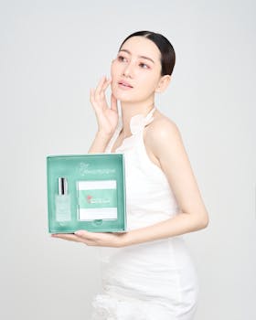An elegant Asian woman in a white dress, showcasing skincare products with a clean aesthetic.