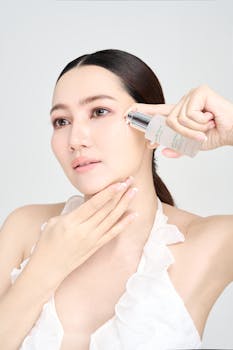 East Asian woman applies skincare serum to her face in a minimalist setting.