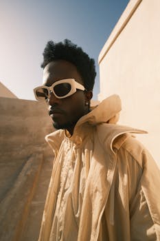 A fashionable man in sunglasses and beige outfit posing against a minimalistic urban backdrop.