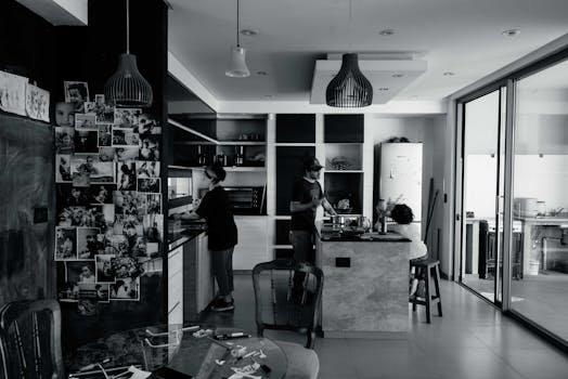 Black and white image of people cooking in a modern kitchen.