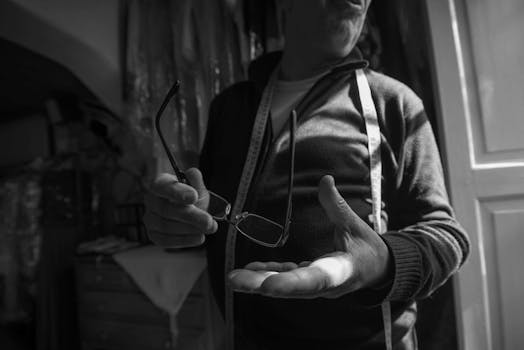 Monochrome image of a tailor holding glasses with measuring tape around neck indoors.