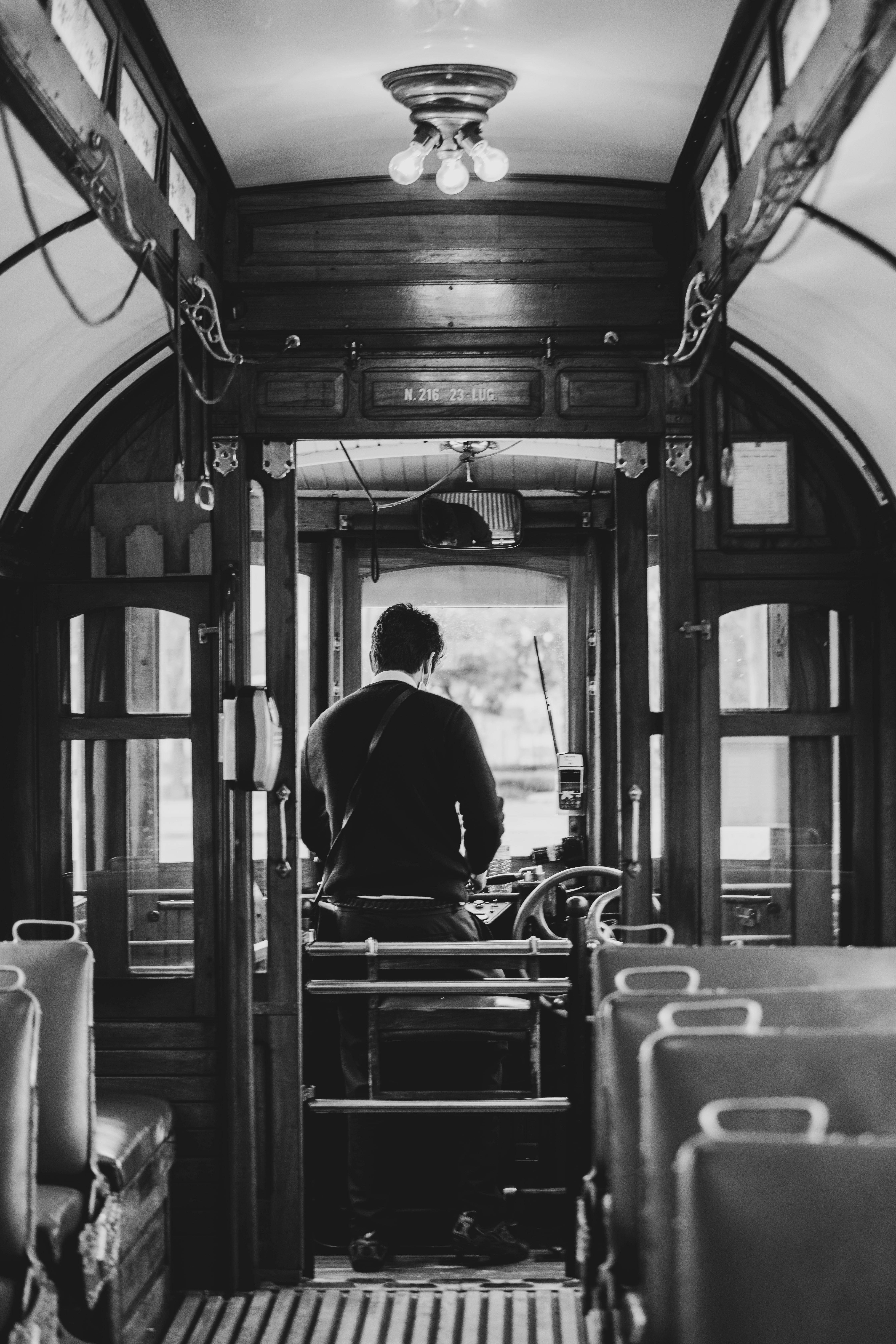 black and white vintage tram interior view