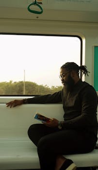 Bearded man with dreadlocks reading on a train in Abuja, Nigeria, during sunset.