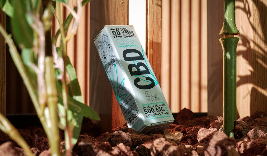 CBD oil packaging among plants and sunlight, emphasizing relaxation and natural elements.