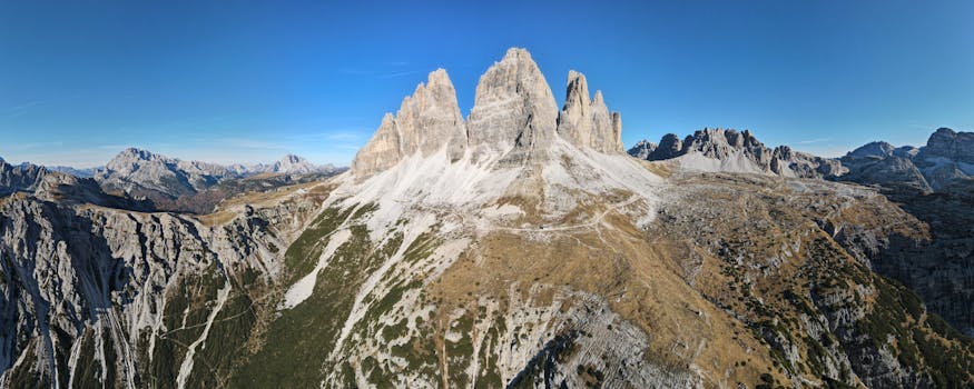 Stunning aerial view of the Tre Cime di Lavaredo peaks in the Dolomites, Veneto, Italy.