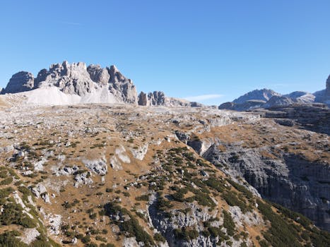Stunning aerial view of the Tre Cime di Lavaredo in the Dolomites, Italy.