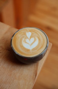 Close-up of a latte with intricate heart-shaped milk foam art in a ceramic cup on a wooden table.