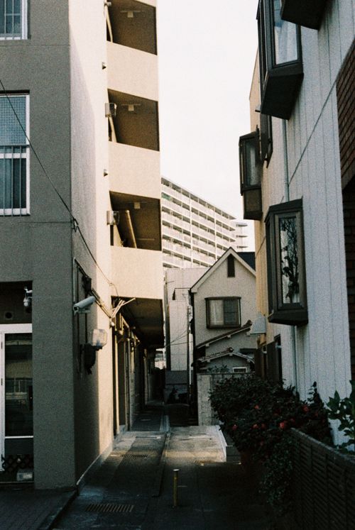 Free Quiet residential alleyway between buildings in Osaka, showcasing urban architecture. Stock Photo