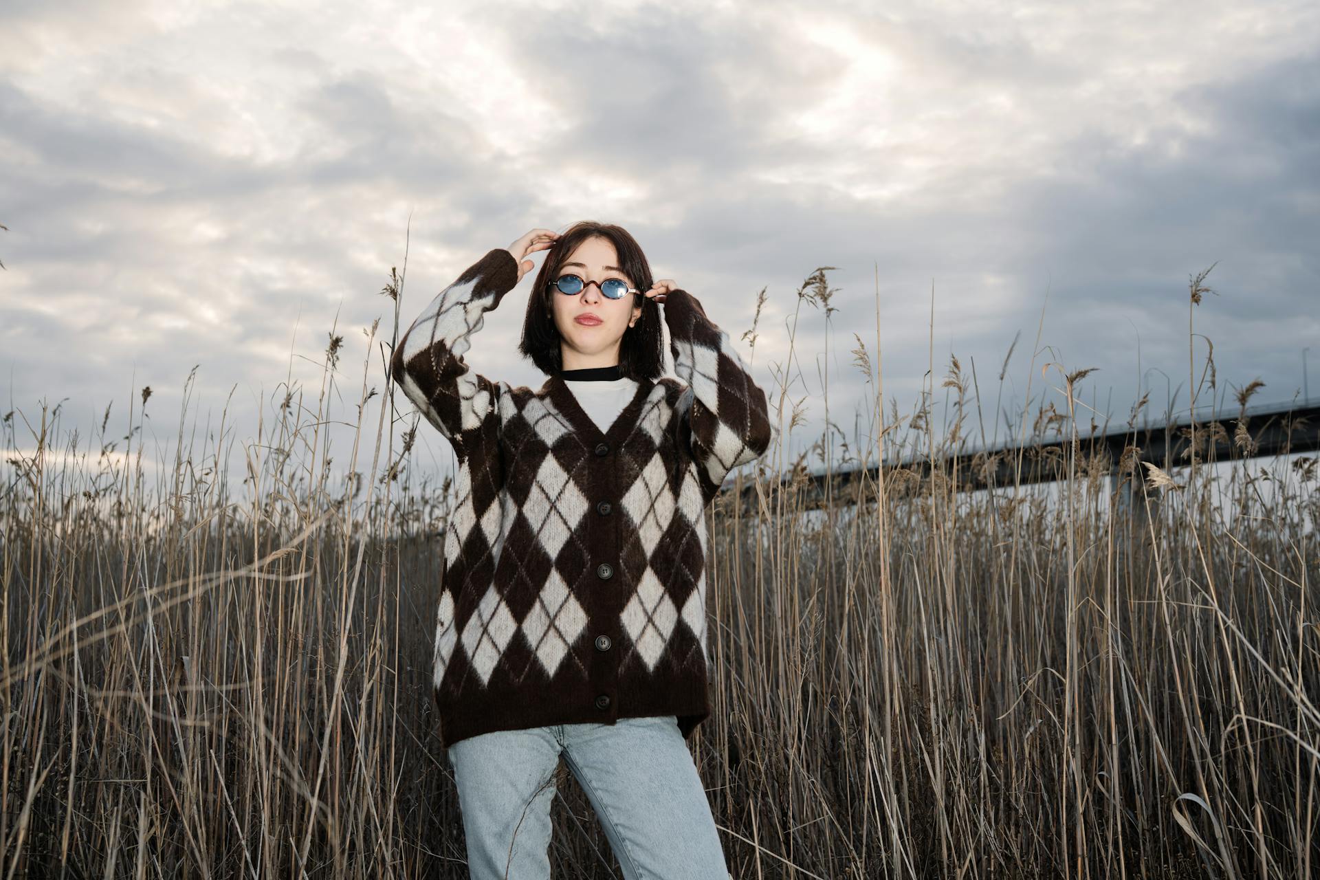 Trendy woman wearing an argyle sweater and sunglasses stands amidst tall grass under a cloudy sky.
