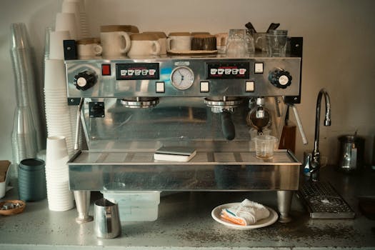 A classic espresso machine in a warm cafe setting with cups and accessories neatly arranged.
