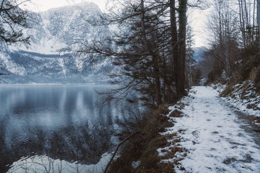 A serene winter hiking path along a snowy lakeside with mountain views.