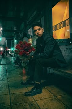 Young man with roses at a bus stop in bustling Ciudad de México night.