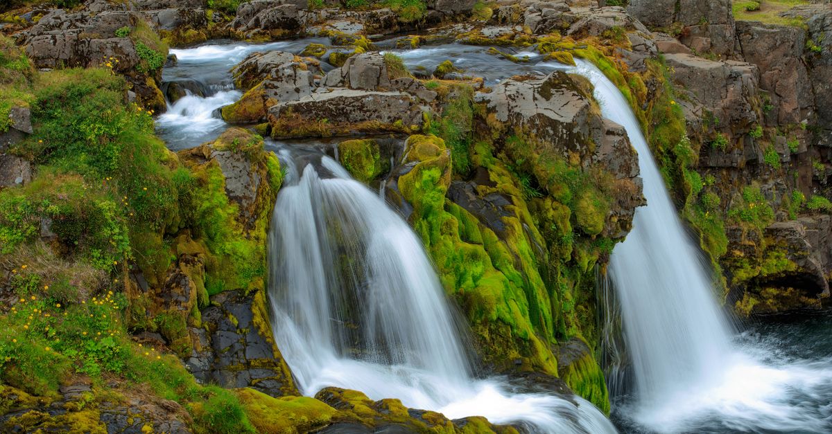 A waterfall in Iceland surrounded by green moss and rock.