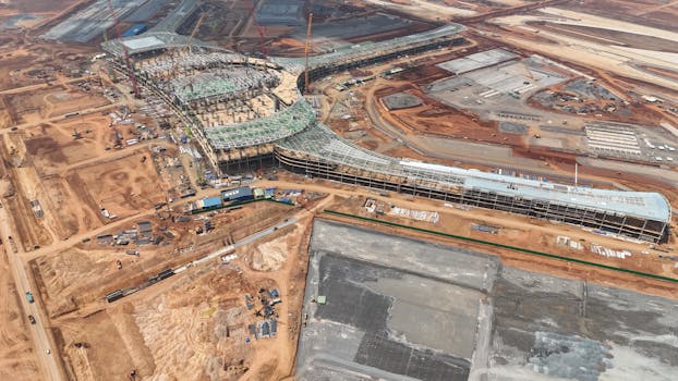 Aerial shot of a large construction site in Đồng Nai, Vietnam, showcasing progressing structural development.