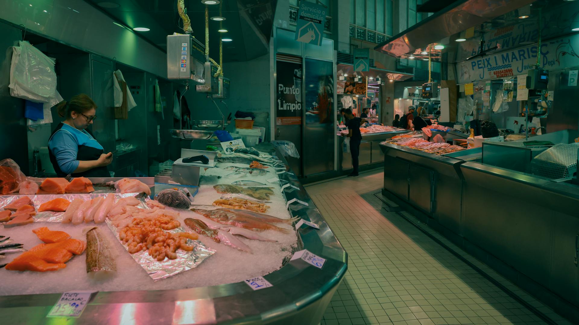 Explore the bustling seafood market in Valencia with an array of fresh fish and shellfish.