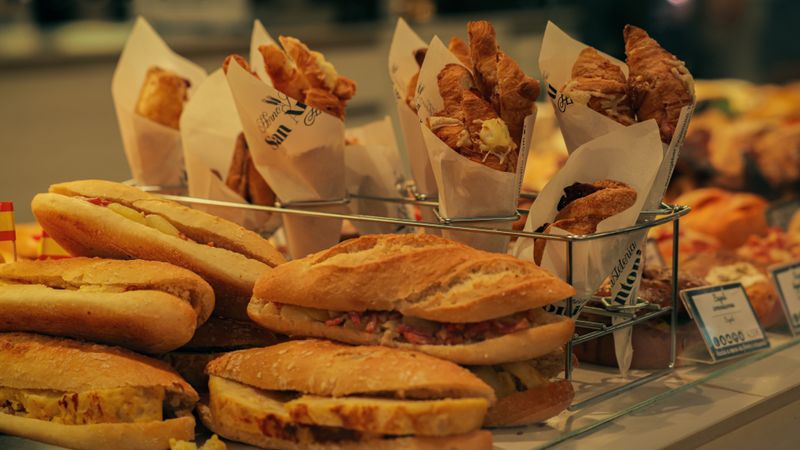 Generous breakfast sandwich made with fresh bakery bread