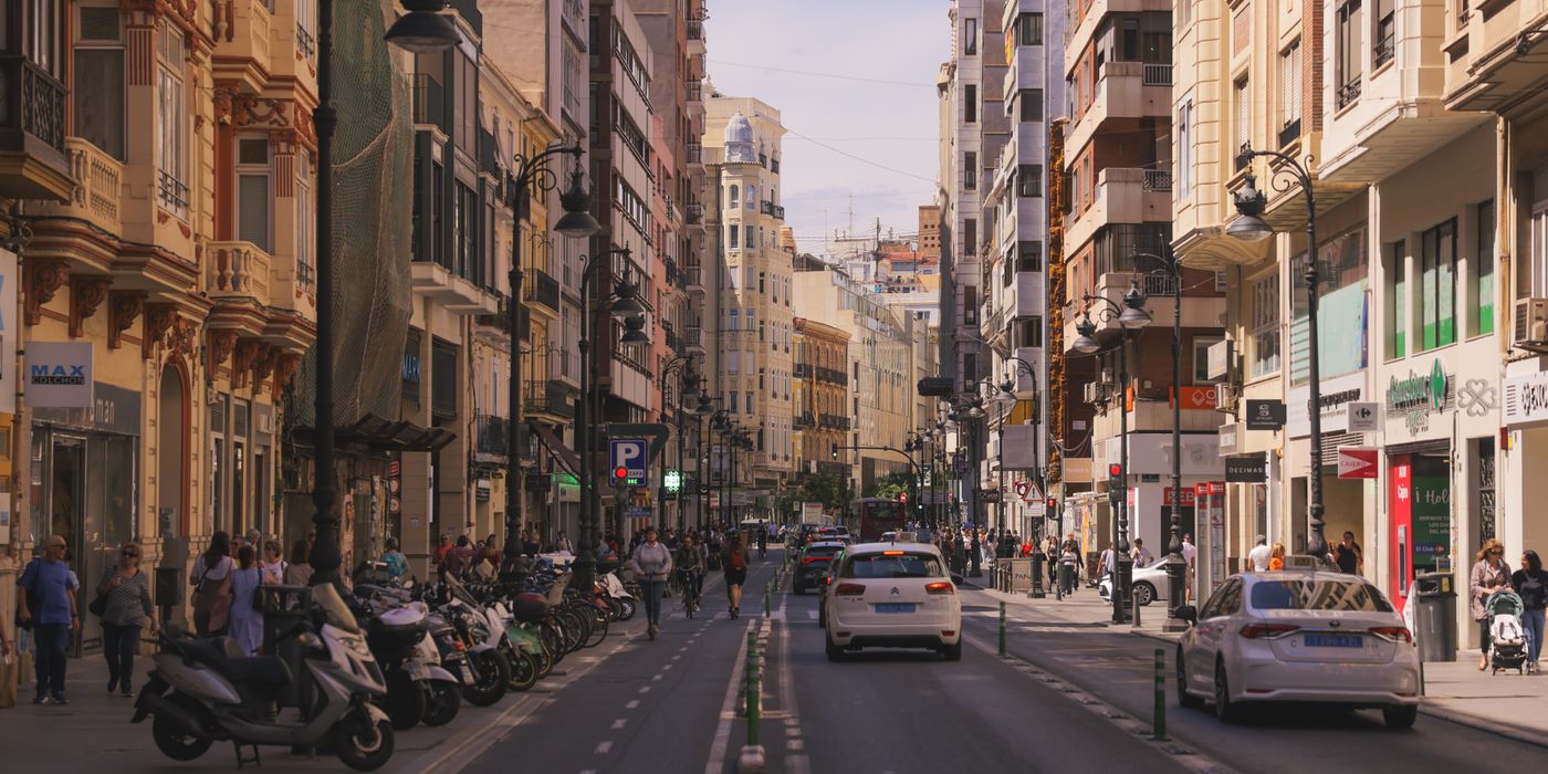 Lively street with classic architecture in Valencia, Spain