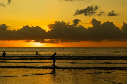 Free People enjoying the beach at sunset, casting silhouettes against an orange sky. Stock Photo
