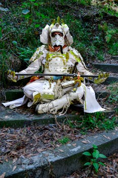 A person in intricate samurai armor meditates outdoors, surrounded by nature.