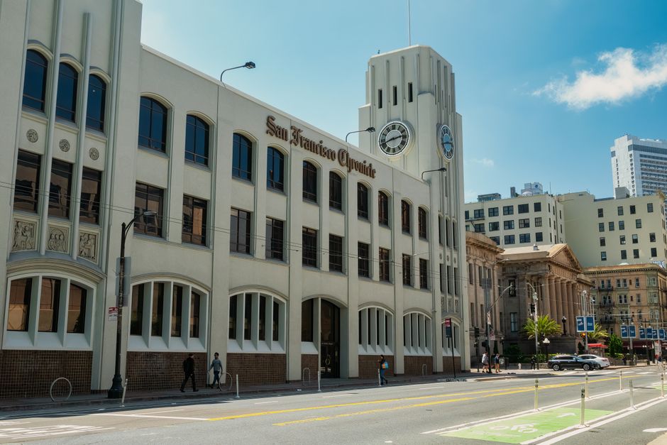 View of the San Francisco Chronicle building with cityscape background.