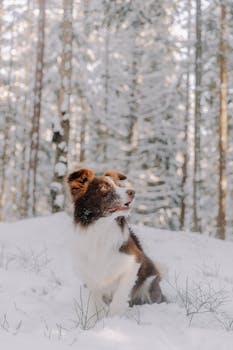 A Border Collie sitting in a snowy forest, surrounded by tall trees and winter scenery.