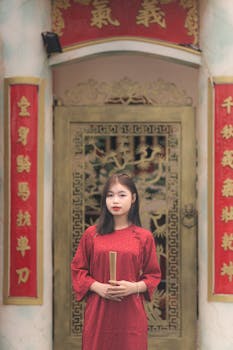 Young woman holds a scroll in front of an ornate door with red banners.