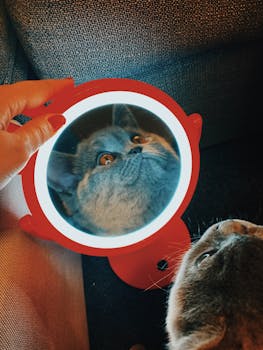 圆形镜子里映出可爱的猫，还有握着镜子的人手