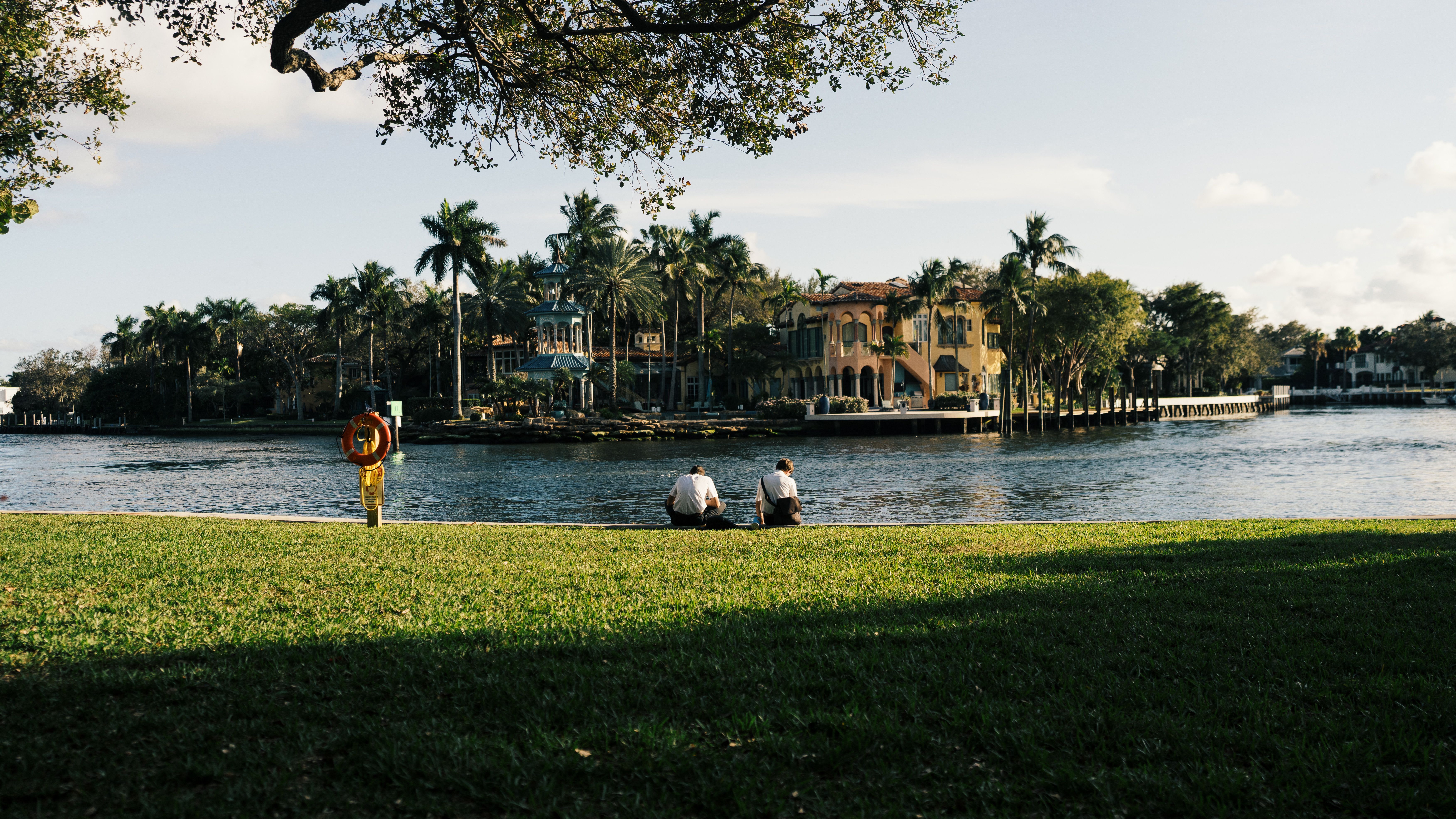 Scenic Riverside View with Palm Trees and Houses · Free Stock Photo