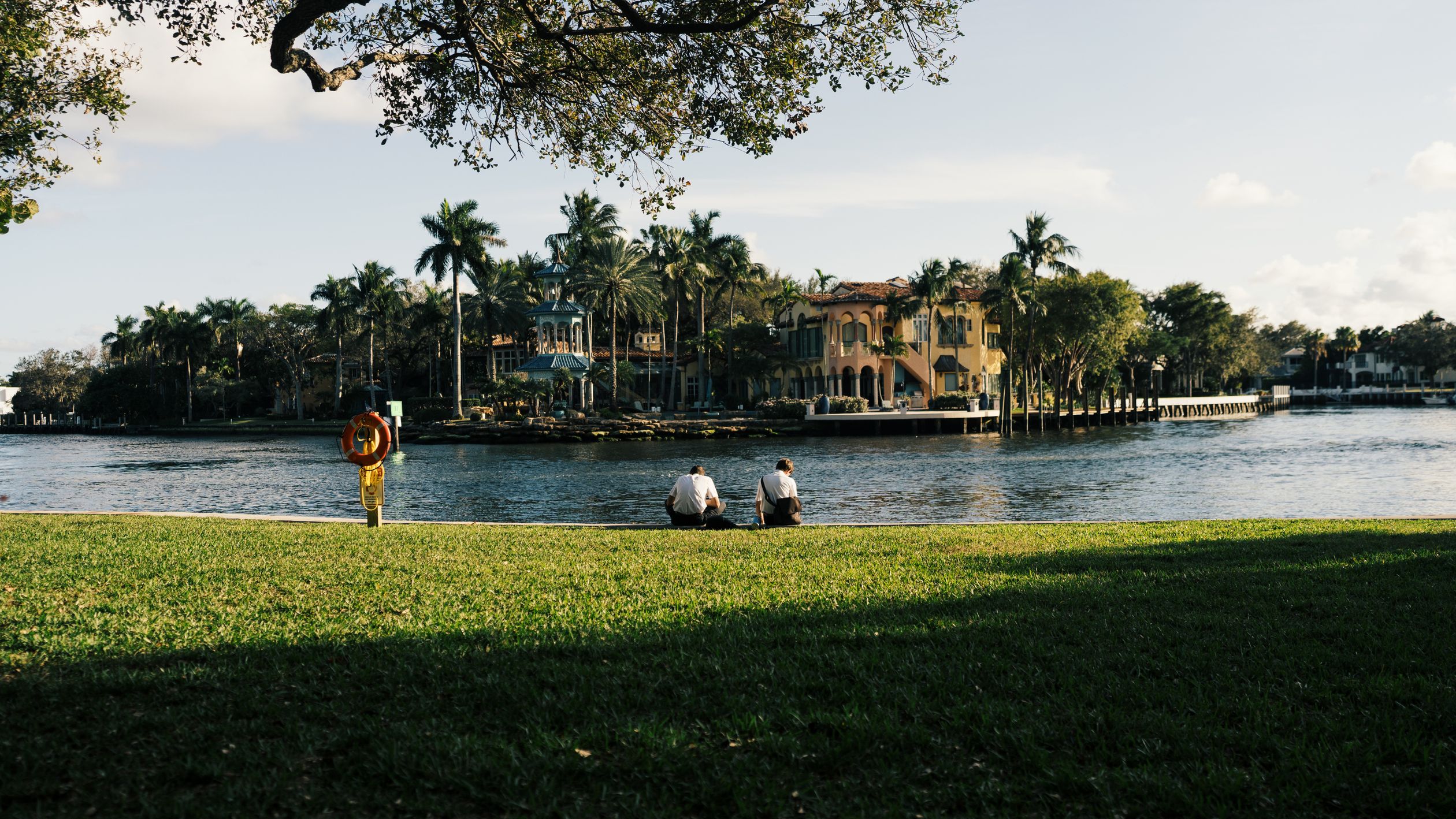 Scenic Riverside View with Palm Trees and Houses · Free Stock Photo