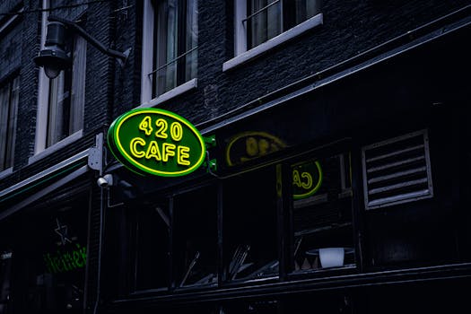 阿姆斯特丹的建筑立面上，绿色霓虹灯标志“420咖啡馆”营造出充满活力的城市氛围