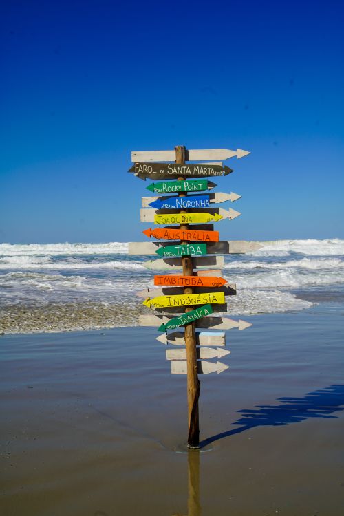 Free Vibrant signpost with global destinations against a clear blue sky and ocean backdrop. Stock Photo