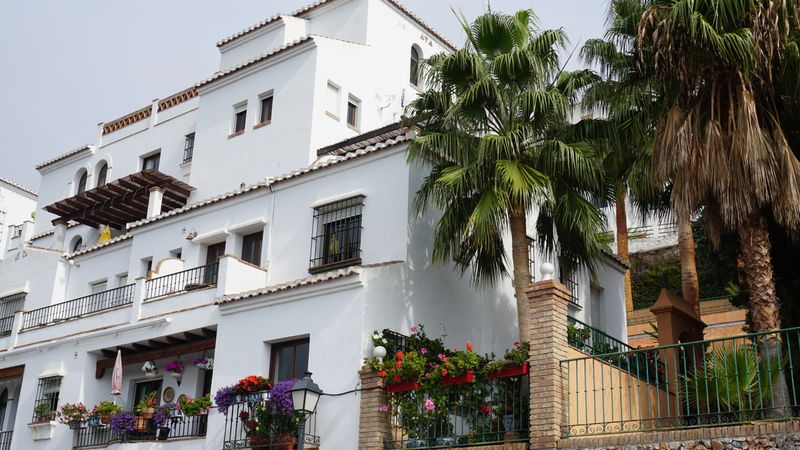 Elegant white villa surrounded by palm trees and vibrant flowers, showcasing Spanish architecture.
