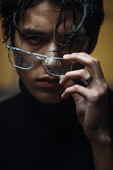 Close-up of a man with wet glasses adjusting them, creating a moody and dramatic fashion look.
