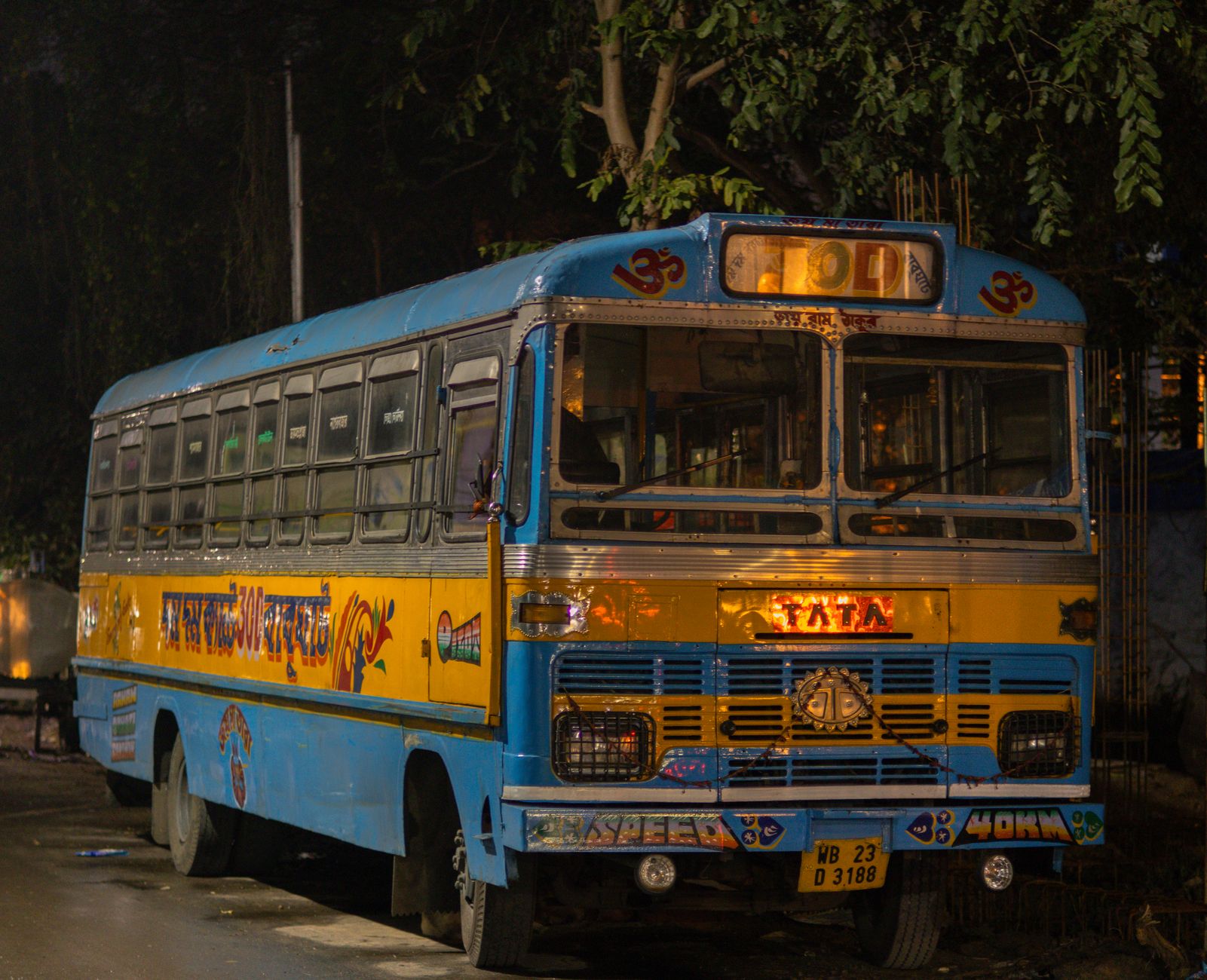 Vibrant Indian bus parked on a city street at night, showcasing local artistry.