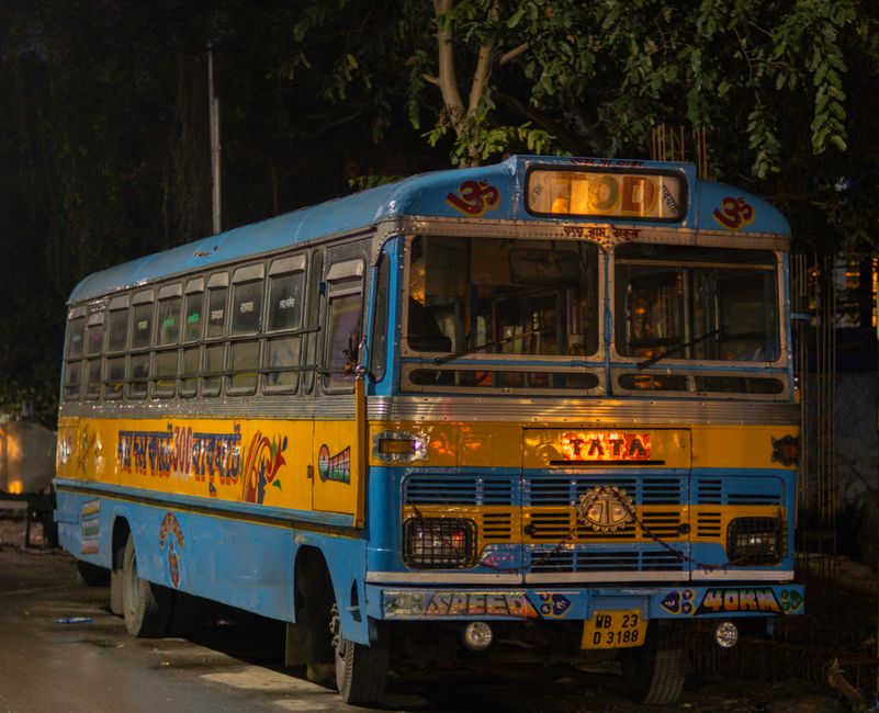 Vibrant Indian bus parked on a city street at night, showcasing local artistry.