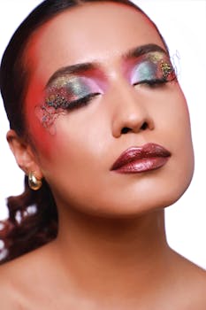 Close-up portrait of a model showcasing vibrant bridal makeup with artistic flair.