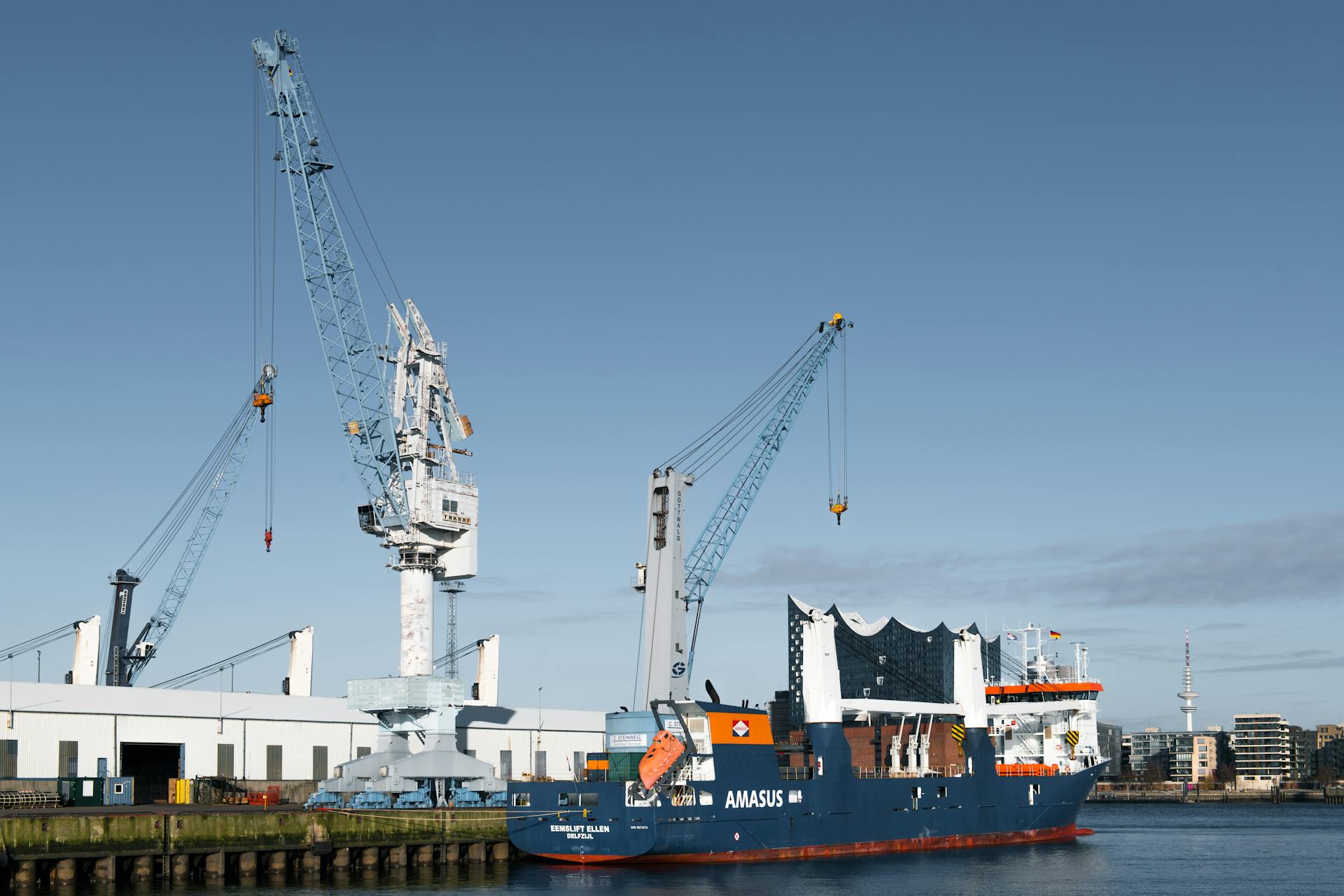 Explore global commerce with a cargo ship and towering cranes at Hamburg Port under a clear sky.