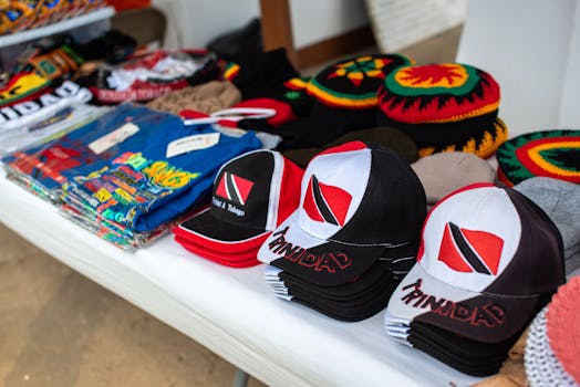 A vibrant display of Trinidad and Tobago souvenirs in a Caribbean gift shop.