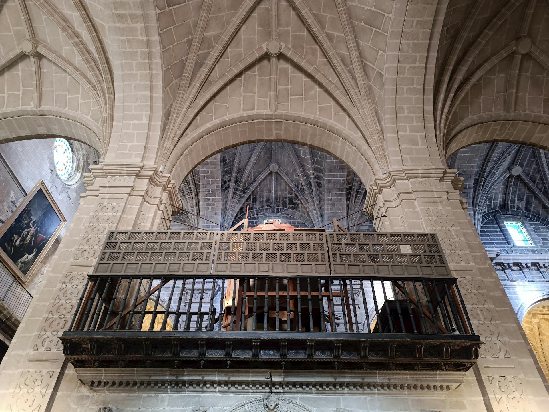 Detailed architectural view of a historic church interior in El Puerto de Santa María, Spain.