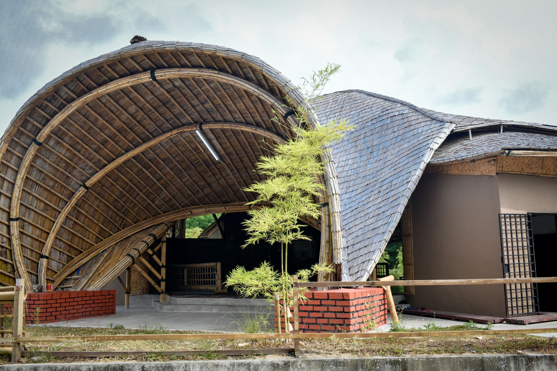 Innovative bamboo structure showcasing modern eco-friendly architecture with lush greenery.