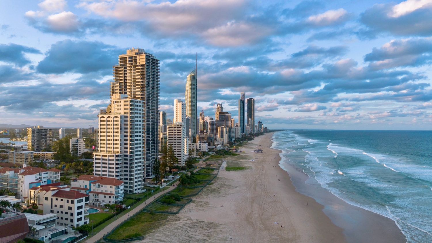 Aerial view of the Gold Coast shoreline and city skyline