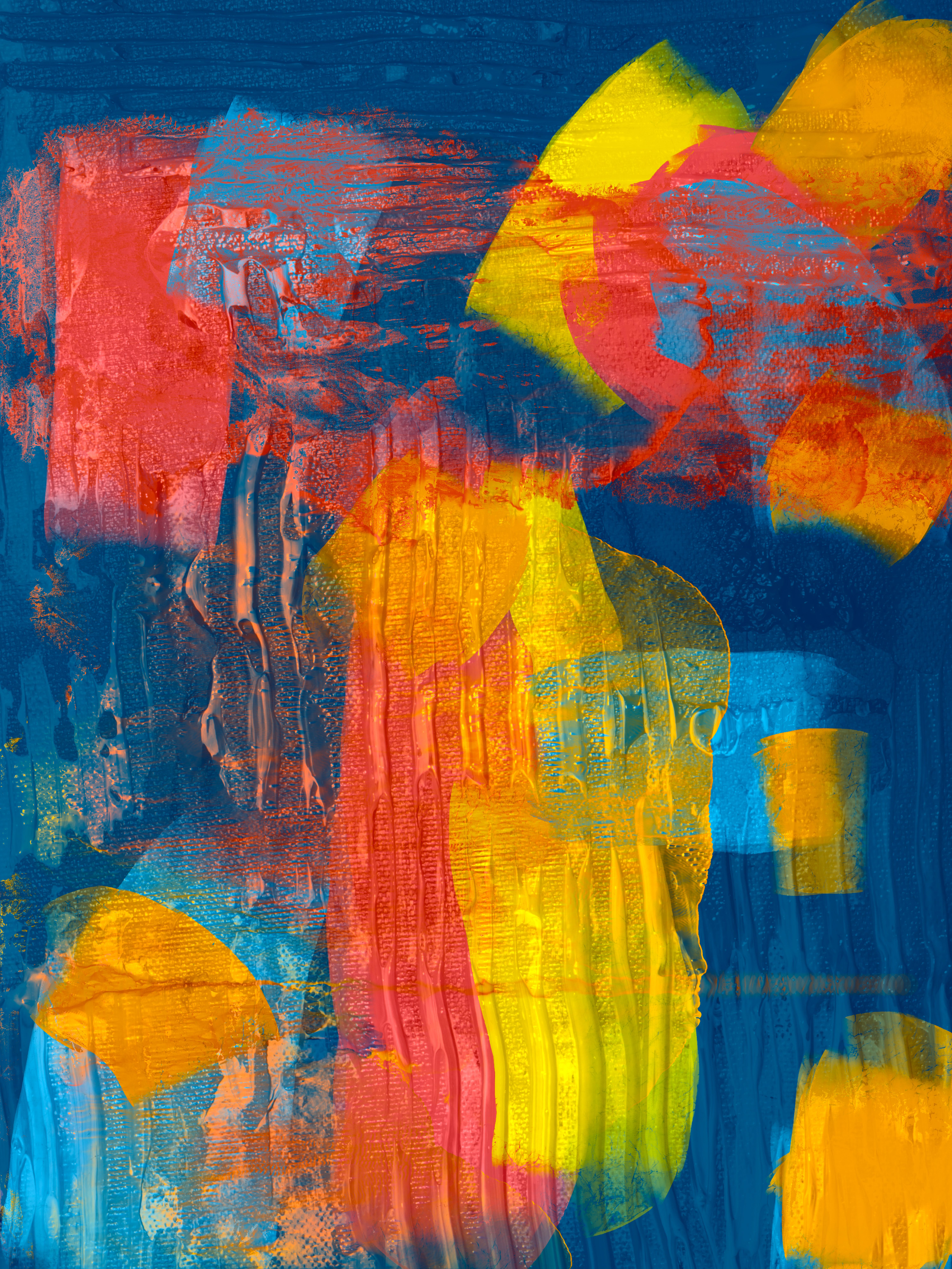 Dynamic abstract art piece with vivid blue, orange, and yellow hues, showcasing modern expressionism.