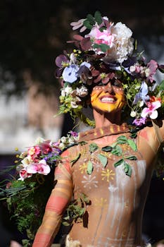 Vibrant floral costume with face paint in sunny Murcia festival.