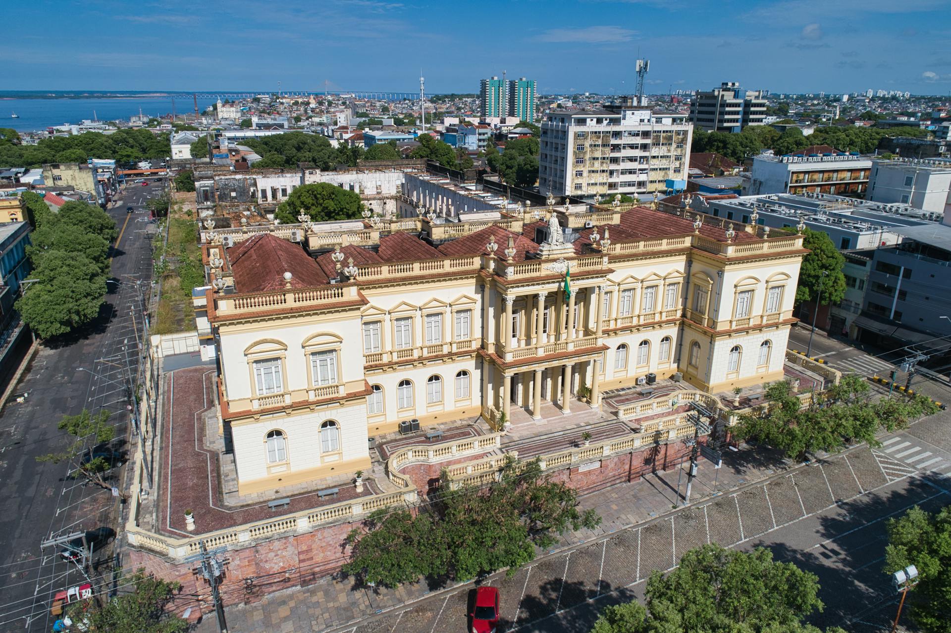 Aerial view of the historic Palace of Justice in Manaus, Amazonas, Brazil on a sunny day.