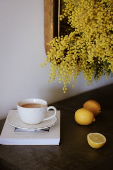Elegant tea setting with lemons and mimosa flowers on a table for a warm and inviting atmosphere.