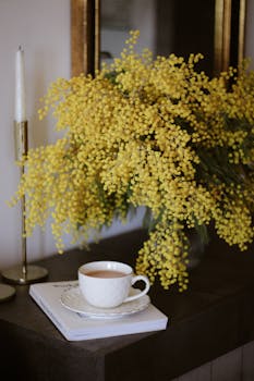 Elegant display of yellow mimosa flowers with a tea cup in a cozy setting.