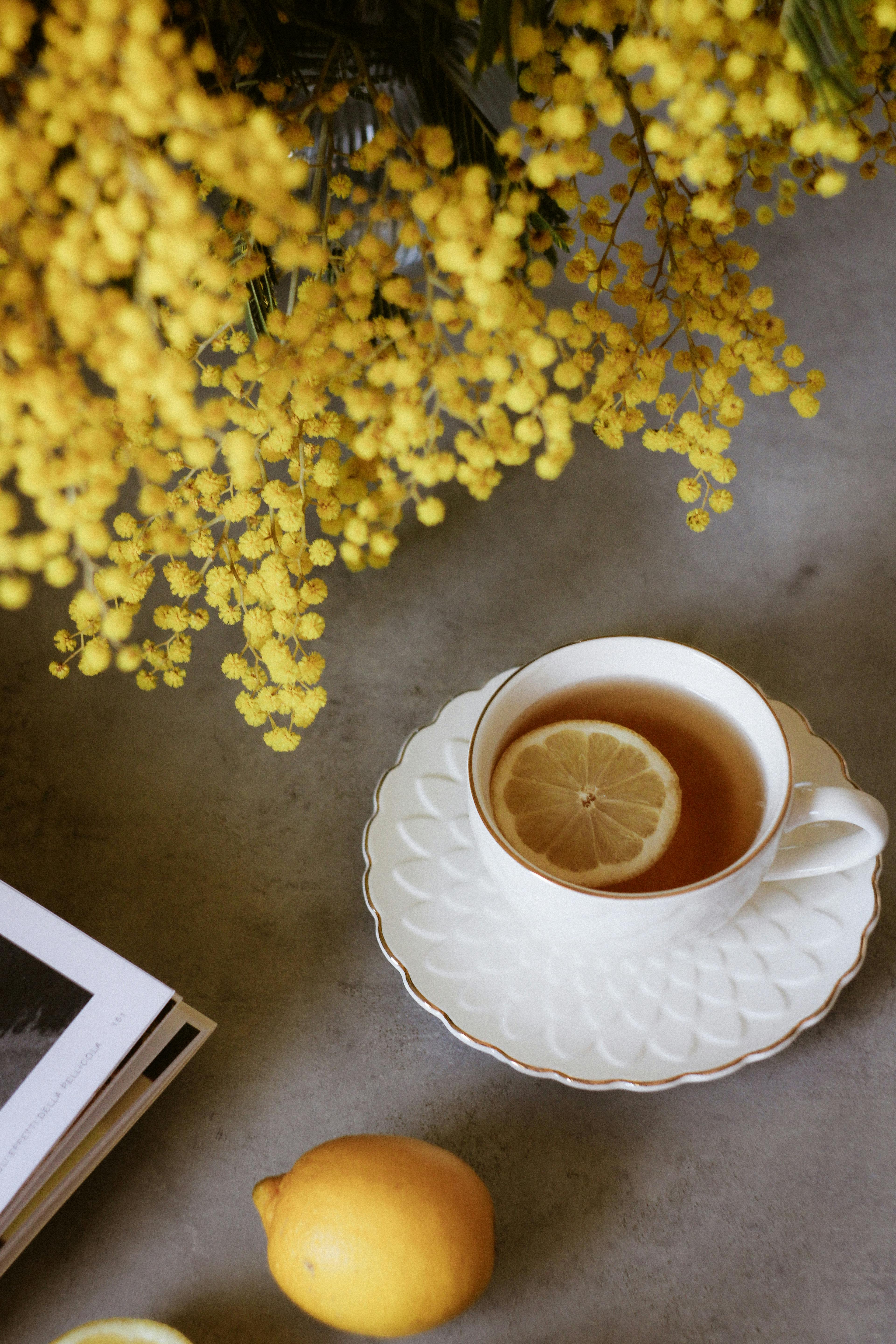 Cozy tea scene featuring a cup with lemon slice and yellow mimosa flowers.